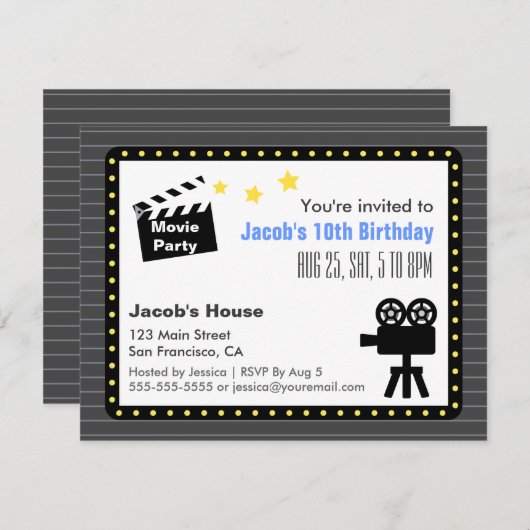 映画の夜のパーティー、誕生日パーティー 招待状 (正面/裏面)