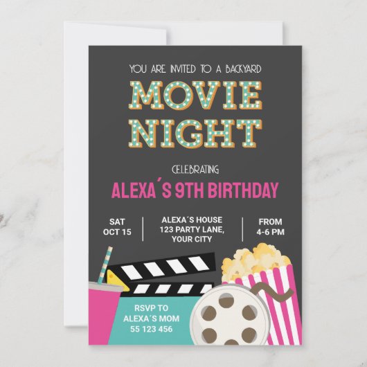 映画の夜の招待状、ピンクの映画の夜 案内状 (正面)