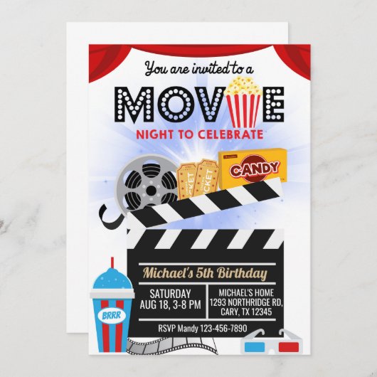 映画の夜の男の子の誕生日の招待。 招待状 (正面/裏面)