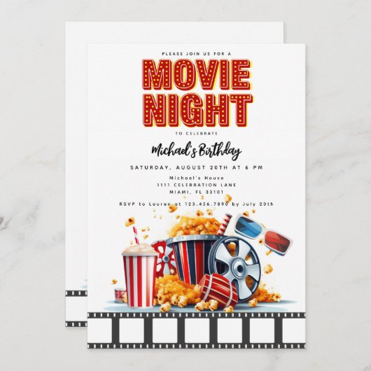 映画の夜の誕生日パーティムービーパーティの招待状 招待状 (正面/裏面)