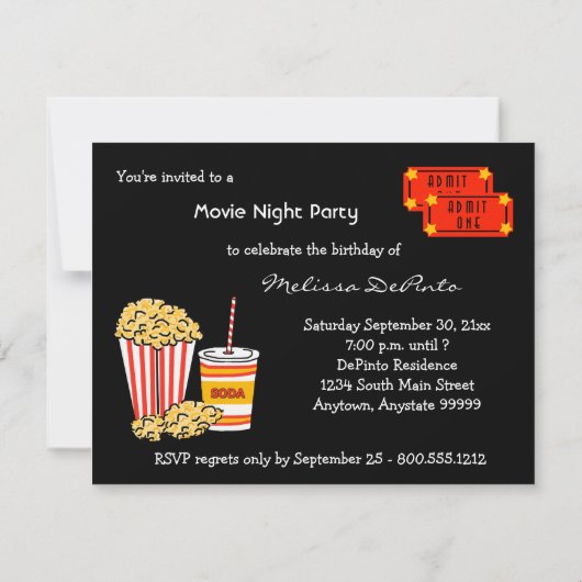 映画の夜の誕生日パーティーお祝い 招待状 (裏面)
