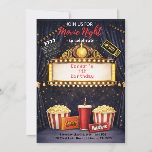 映画の夜の誕生日パーティーの招待状 招待状 (正面)