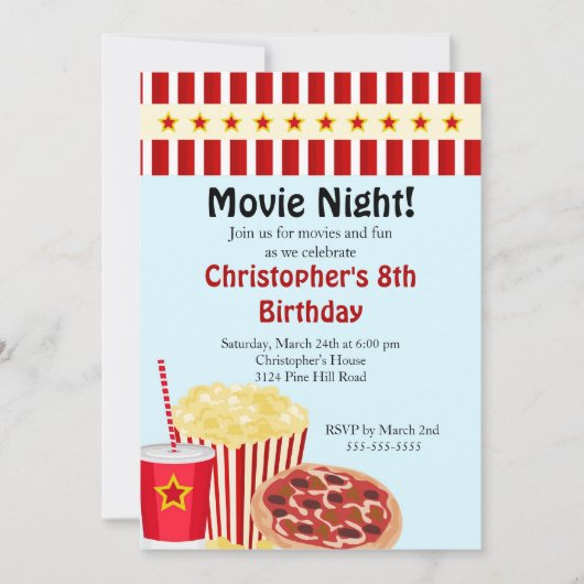 映画の夜の誕生日パーティーの招待 招待状 (正面)