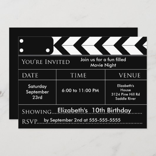 映画の夜の誕生日パーティーの招待 招待状 (正面/裏面)