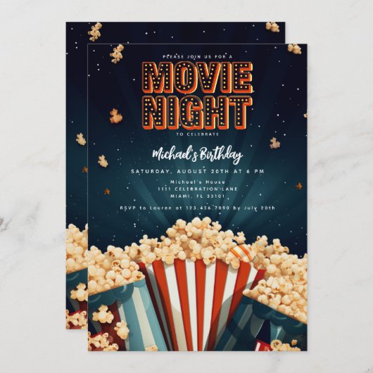 映画の夜の誕生日パーティーへの招待 招待状 (正面/裏面)
