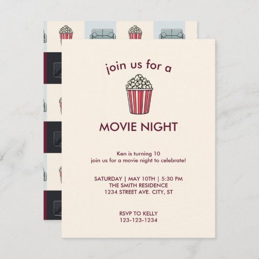 映画の夜の誕生日パーティーへの招待 招待状 (正面/裏面)