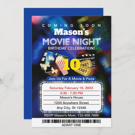 映画の夜の誕生日パーティーへの招待 招待状 (正面/裏面)