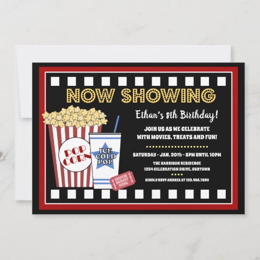 映画の夜の誕生日パーティーへの招待 招待状 (正面)