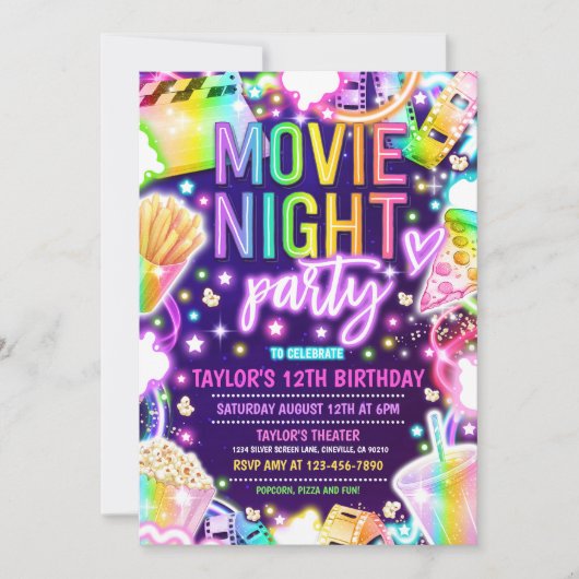 映画の夜の誕生日パーティーパステルレインボー映画 招待状 (正面)