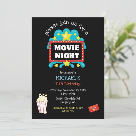 映画の夜の誕生日パーティー子供ポップコーン映画かわいい 招待状 (スタンド正面)