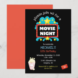 映画の夜の誕生日パーティー子供ポップコーン映画かわいい 招待状