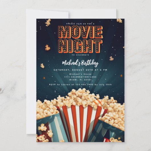 映画の夜の誕生日パーティー招待状 招待状 (正面)