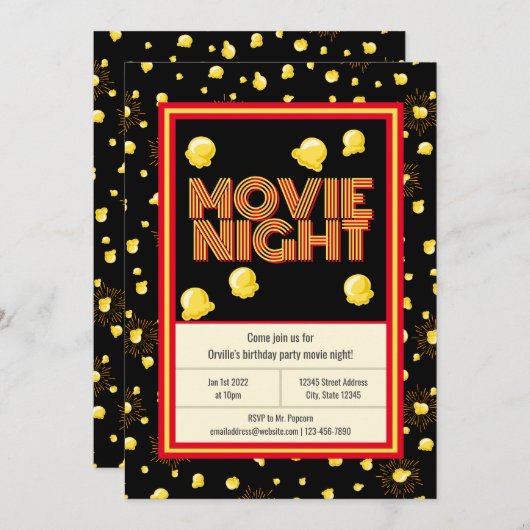 映画の夜の誕生日パーティー – Marquee Popcorn 招待状 (正面/裏面)