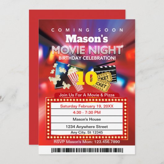 映画の夜の赤い誕生日パーティーの招待 招待状 (正面/裏面)