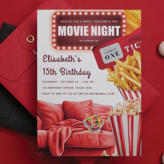 映画の夜の赤モダン誕生日 招待状