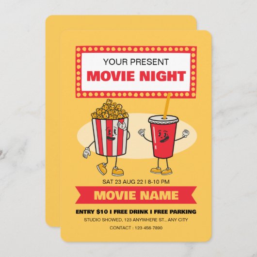 映画の夜パーティー招待、寝泊まりパーティー 招待状 (正面/裏面)