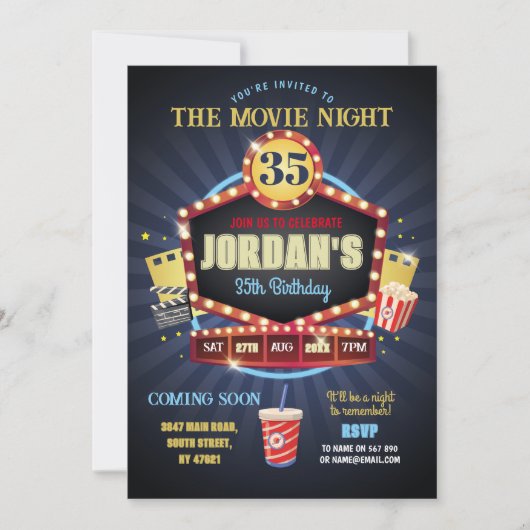 映画の夜パーティー誕生日ポップコーンフィルム 招待状 (正面)