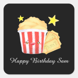 映画の夜ポップコーンとチケット スクエアシール