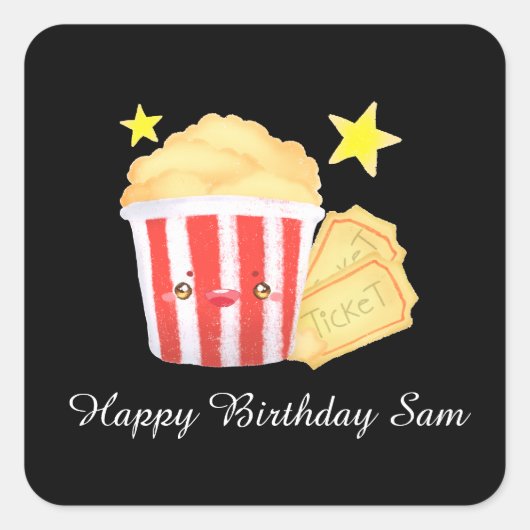 映画の夜ポップコーンとチケット スクエアシール (正面)