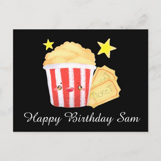 映画の夜ポップコーンとチケット ポストカード (正面)