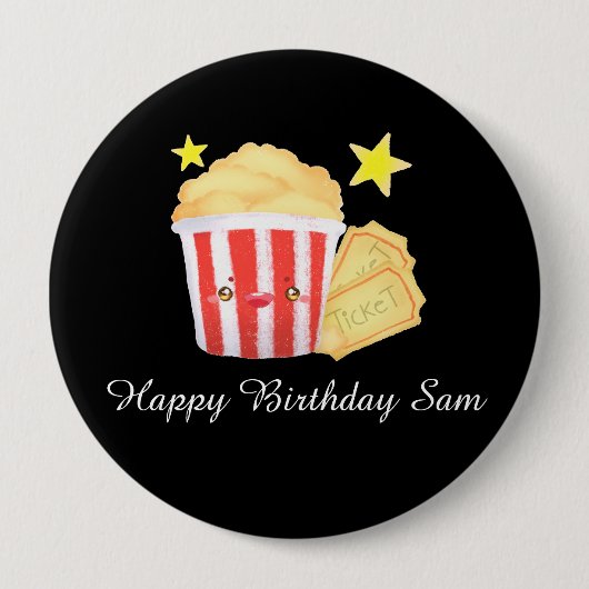 映画の夜ポップコーンとチケット 缶バッジ (正面)