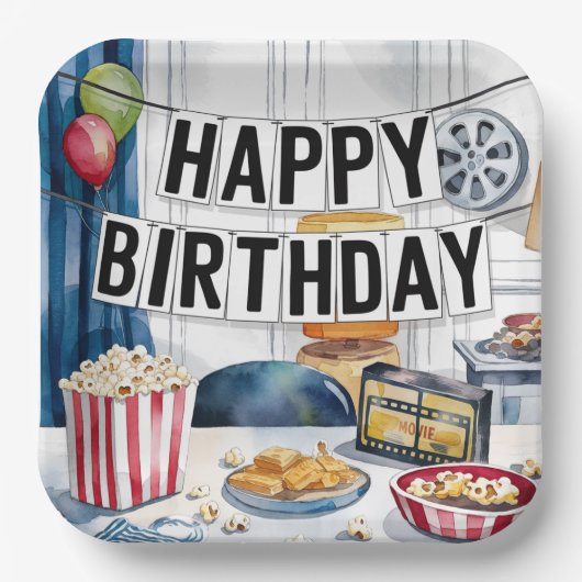 映画の夜ポップコーン誕生日パーティー ペーパープレート (正面)