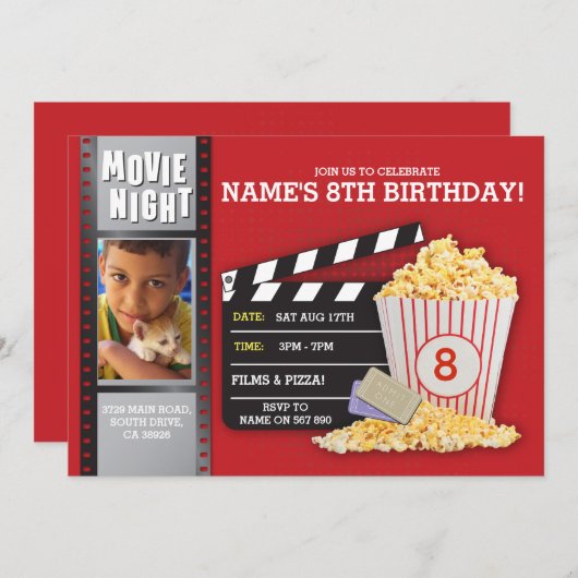 映画の夜レッドシネマ誕生日パーティーの写真 招待状 (正面/裏面)