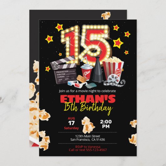 映画の夜劇場第15誕生日招待状 招待状 (正面/裏面)