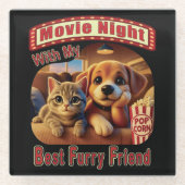 映画の夜最高の- Furry Friend - Cute Cat & Dog ガラスコースター (正面)