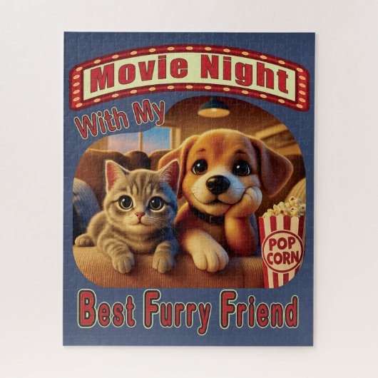 映画の夜最高の- Furry Friend - Cute Cat & Dog ジグソーパズル (縦)