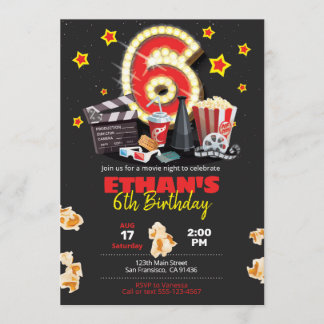 映画の夜、劇場-第6誕生日招待状 招待状