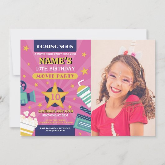 映画の夜 映画館 誕生日パーティー 写真 ピンク 招待状 (正面)