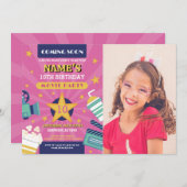 映画の夜 映画館 誕生日パーティー 写真 ピンク 招待状 (正面/裏面)