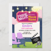映画の夜、裏庭の映画、ポップコーン、誕生日 招待状 (正面)