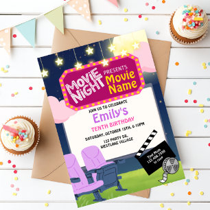 映画の夜、裏庭の映画、ポップコーン、誕生日 招待状
