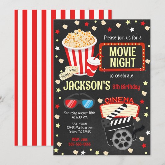 映画の夜 誕生日パーティーの招待状 キッズ 映画パーティー 招待状 (正面/裏面)