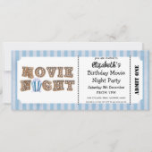 映画の夜 誕生日パーティー ブルー チケットスタイル 招待状 (正面)