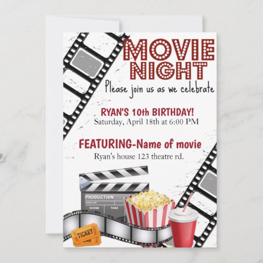 映画の夜| 誕生日| 映画館| ポップコーン 招待状 (正面)