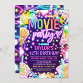 映画の誕生日パーティネオンレインボームービーパーティー 招待状 (正面/裏面)