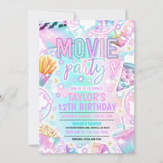 映画の誕生日パーティパステルレインボームービーパーティー 招待状 (正面)