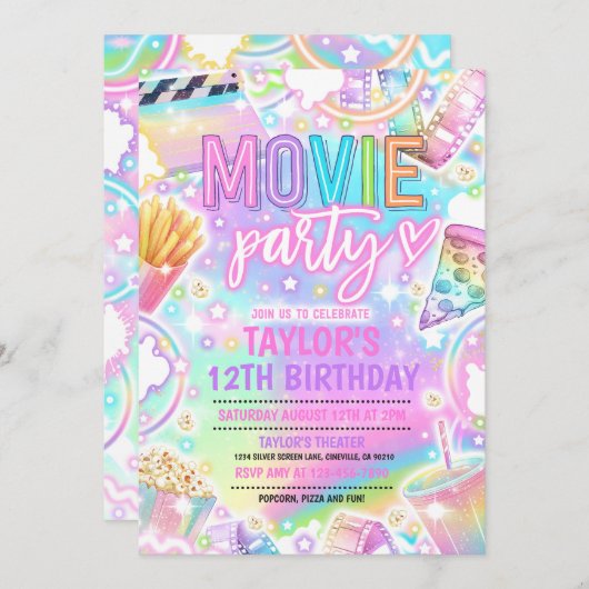 映画の誕生日パーティパステルレインボームービーパーティー 招待状 (正面/裏面)