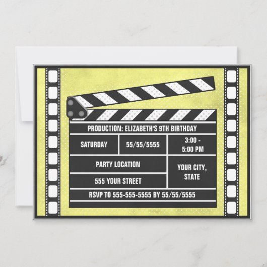 映画の誕生日パーティーのクラップボード黄色 招待状 (正面)