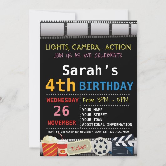 映画の誕生日パーティーへの招待 招待状 (正面)
