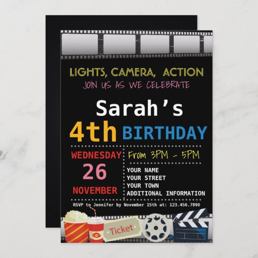 映画の誕生日パーティーへの招待 招待状 (正面/裏面)