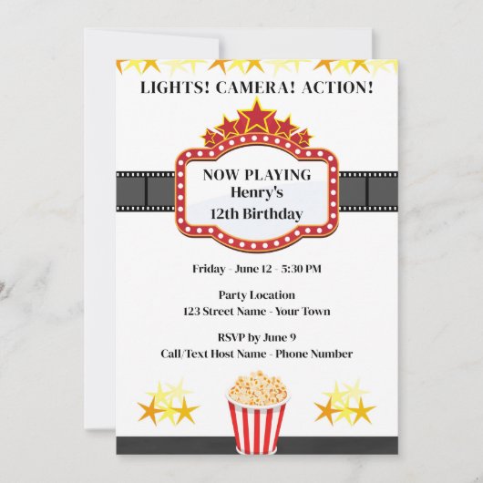映画の誕生日パーティーへの招待 招待状 (正面)