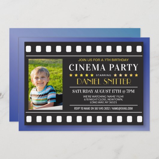 映画の誕生日パーティー映画の少年の青い写真 招待状 (正面/裏面)