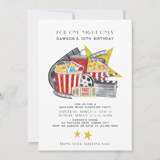 映画をテーマにしたバックヤードスリープバーパーティー誕生日 招待状 (正面)