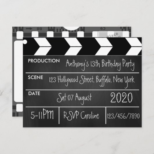 映画をテーマにした誕生日パーティーChalkboard ポストカード (正面/裏面)