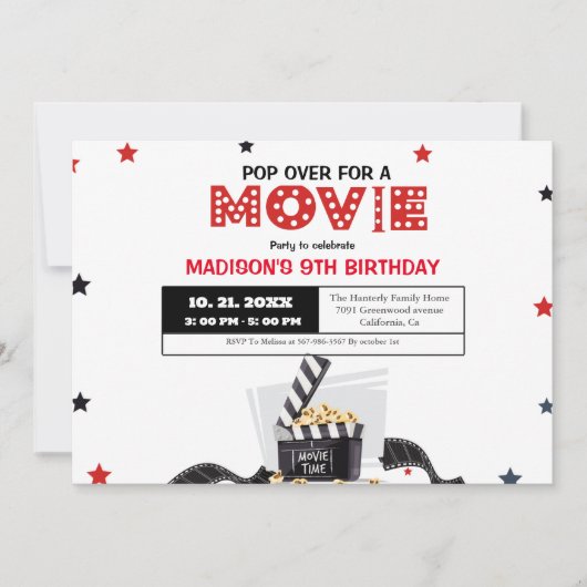 映画エレガント夜の誕生日パーティーの招待 カード (正面)