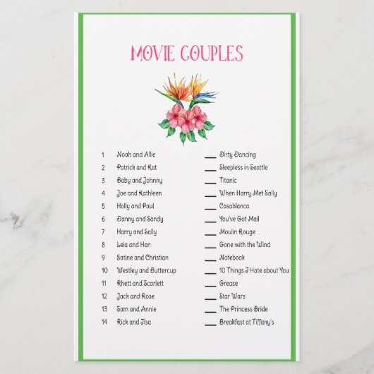 映画カップルのマッチゲームの熱帯テーマ 便箋 (正面)